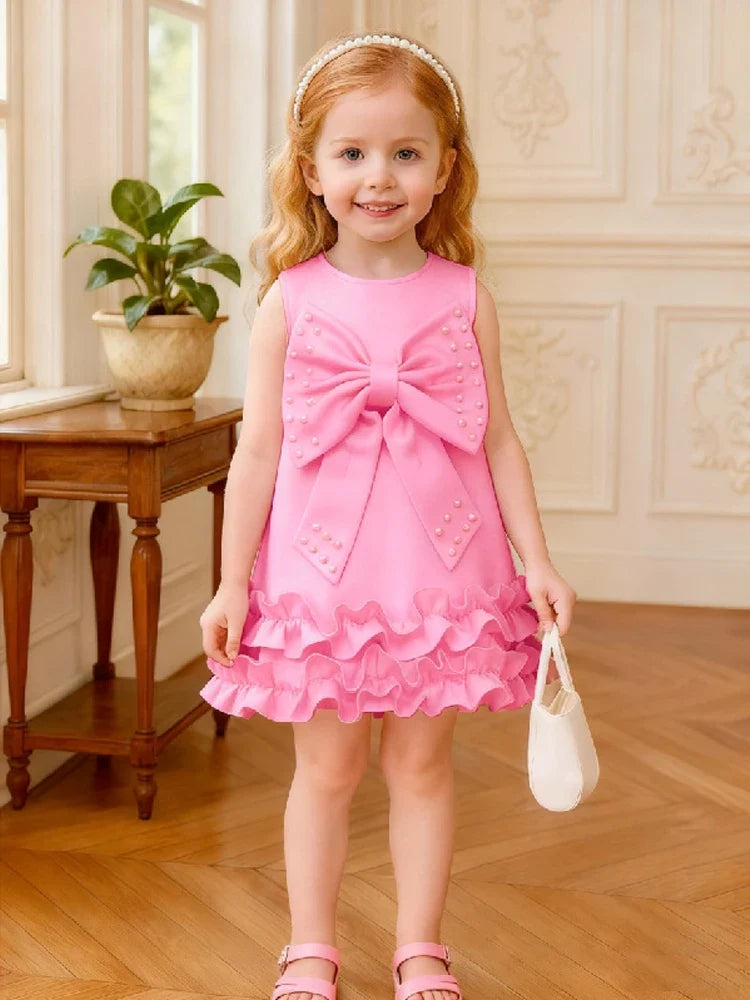 Toddler Girl Party Dress – Sleeveless Bowknot Pearl Cake Dress for Baby Girls 9M-5Y