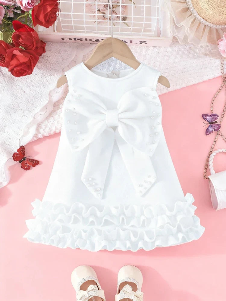 Toddler Girl Party Dress – Sleeveless Bowknot Pearl Cake Dress for Baby Girls 9M-5Y