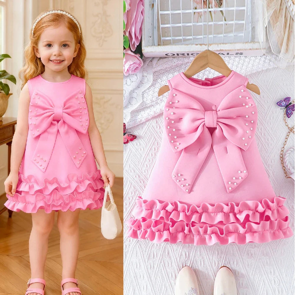 Toddler Girl Party Dress – Sleeveless Bowknot Pearl Cake Dress for Baby Girls 9M-5Y