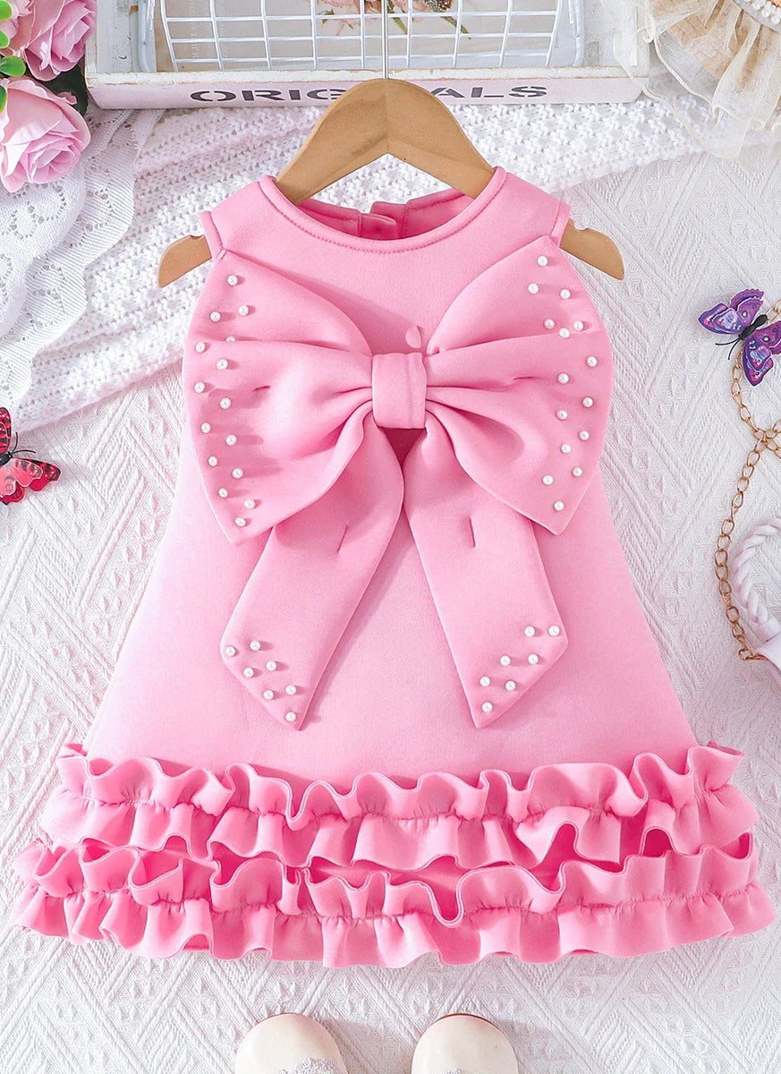 Toddler Girl Party Dress – Sleeveless Bowknot Pearl Cake Dress for Baby Girls 9M-5Y