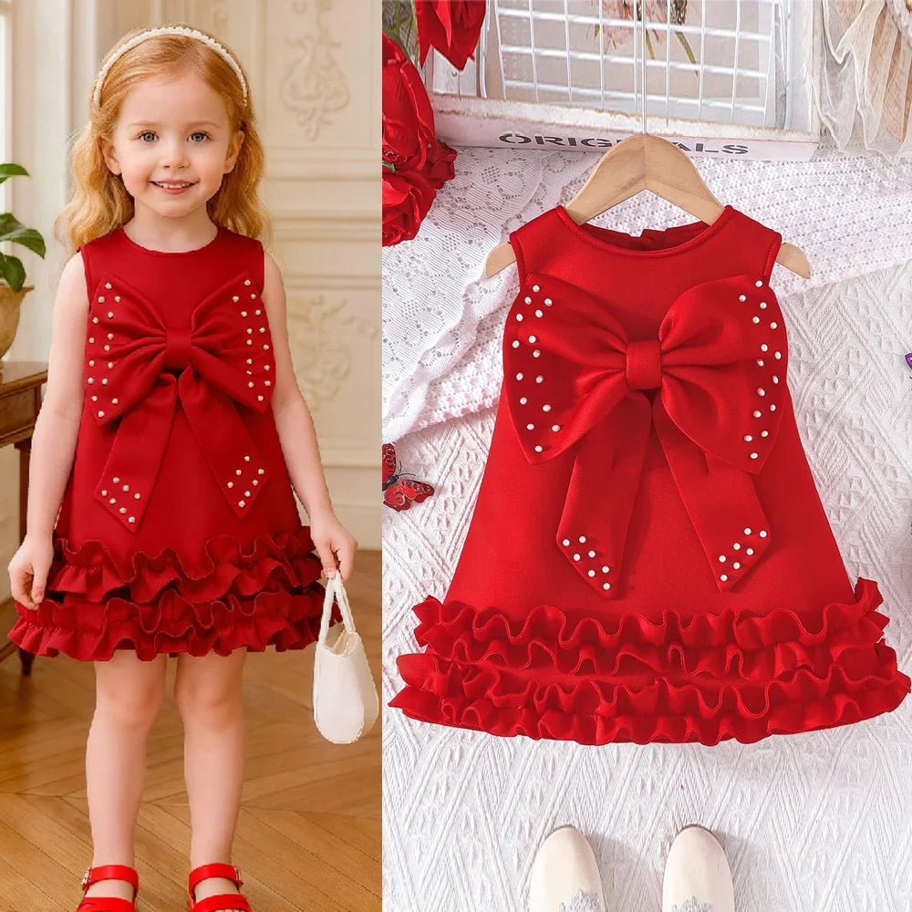 Toddler Girl Party Dress – Sleeveless Bowknot Pearl Cake Dress for Baby Girls 9M-5Y