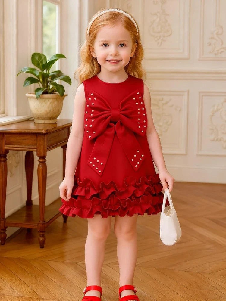 Toddler Girl Party Dress – Sleeveless Bowknot Pearl Cake Dress for Baby Girls 9M-5Y