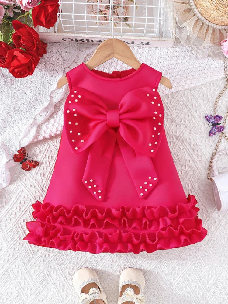 Toddler Girl Party Dress – Sleeveless Bowknot Pearl Cake Dress for Baby Girls 9M-5Y