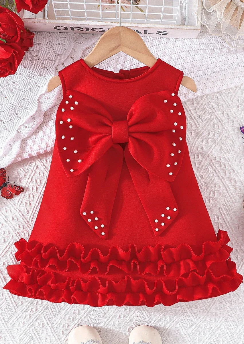 Toddler Girl Party Dress – Sleeveless Bowknot Pearl Cake Dress for Baby Girls 9M-5Y
