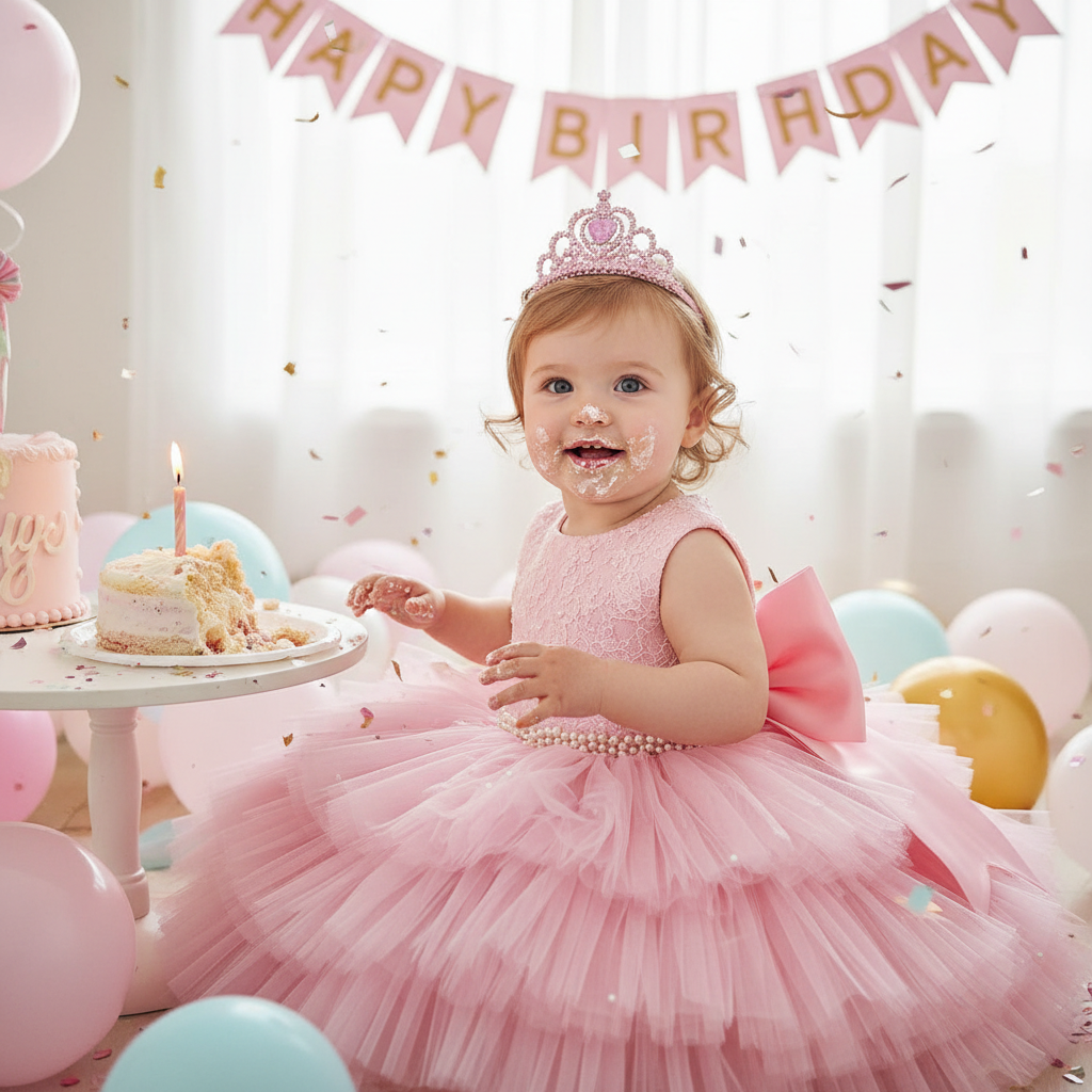 Toddler Girl Party Dress – Sleeveless Bowknot Pearl Cake Dress for Baby Girls 9M-5Y