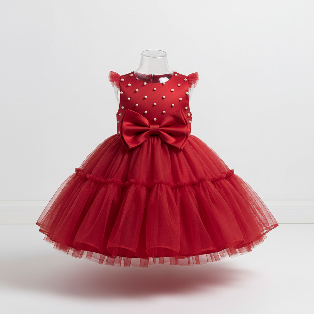 Toddler Girl Party Dress – Sleeveless Bowknot Pearl Cake Dress for Baby Girls 9M-5Y
